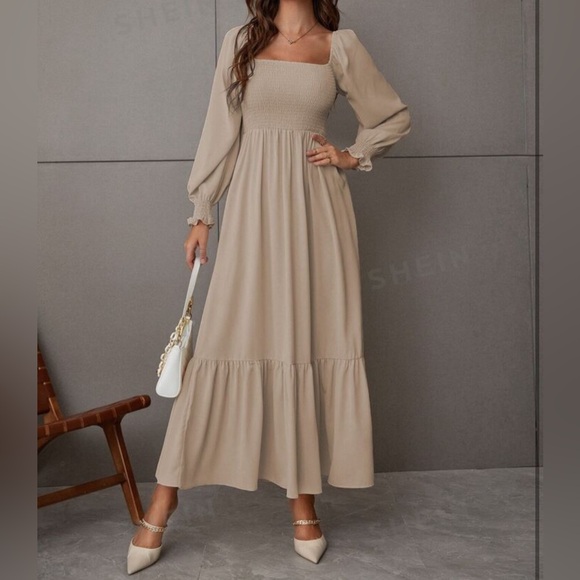 SHEIN Khaki Square Neck Shirred Ruffle Hem Dress- Size M - Picture 5 of 13